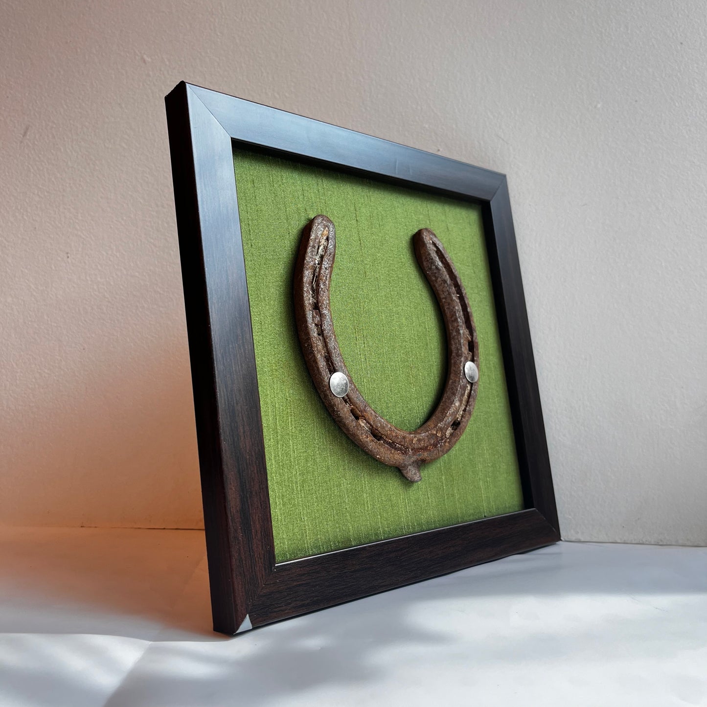 Good Luck Horse Shoe with Light Green silk background