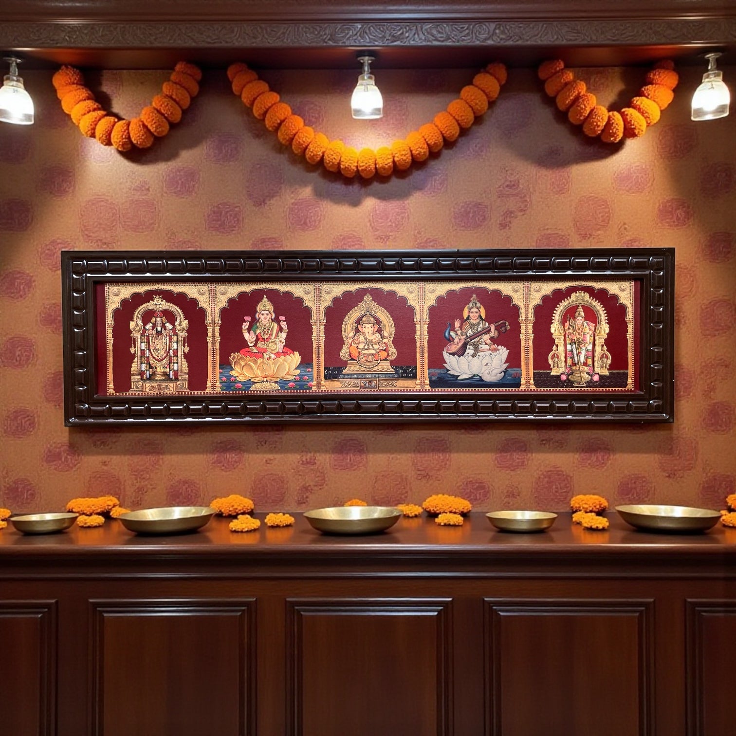 5 Gods In One Frame,Gold Leaf Pooja Room Wall Art Frame