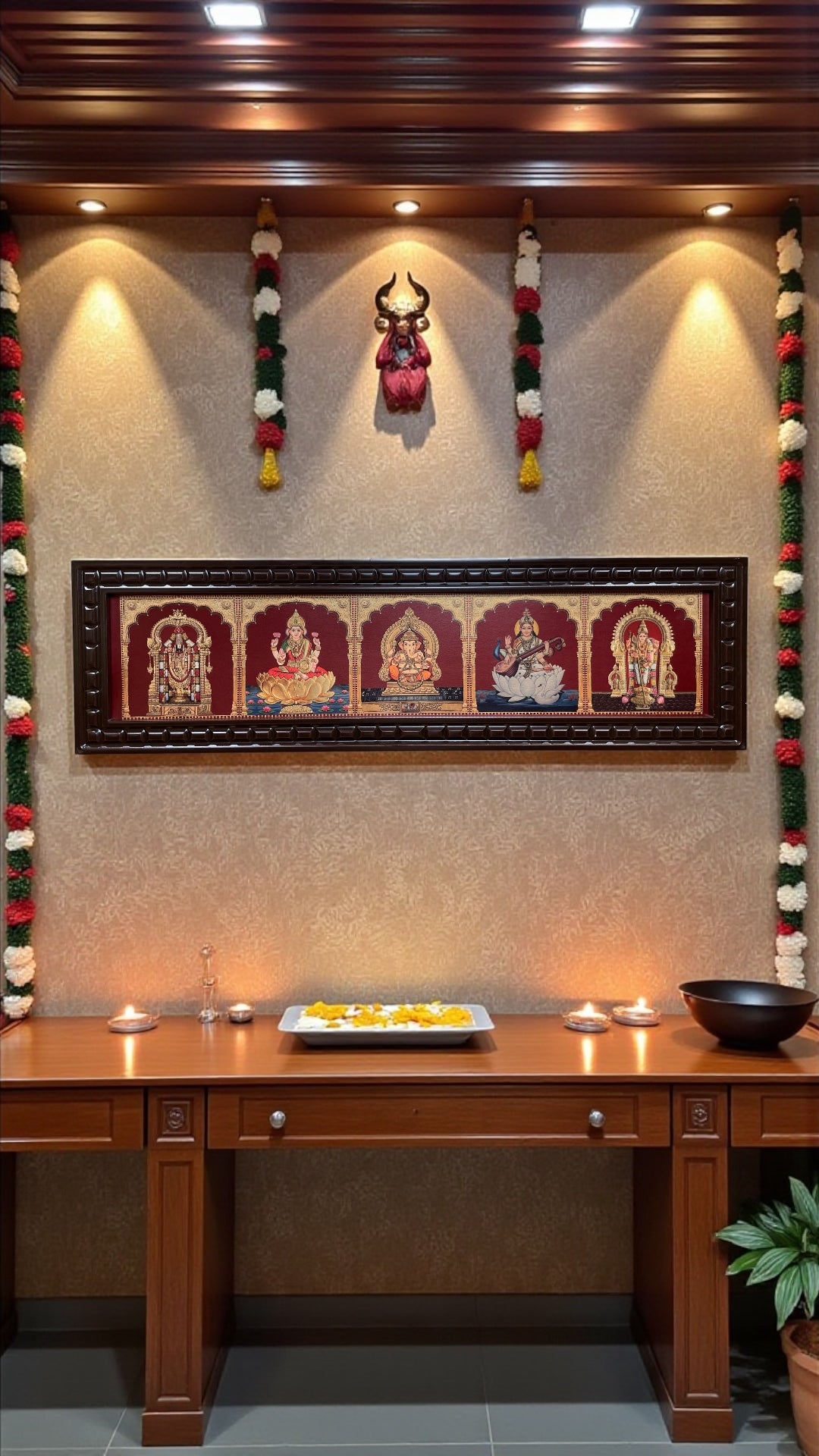 5 Gods In One Frame,Gold Leaf Pooja Room Wall Art Frame