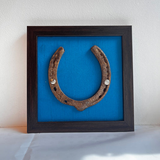 Rustic Good Luck Horse Shoe with copper sulphate Blue silk background