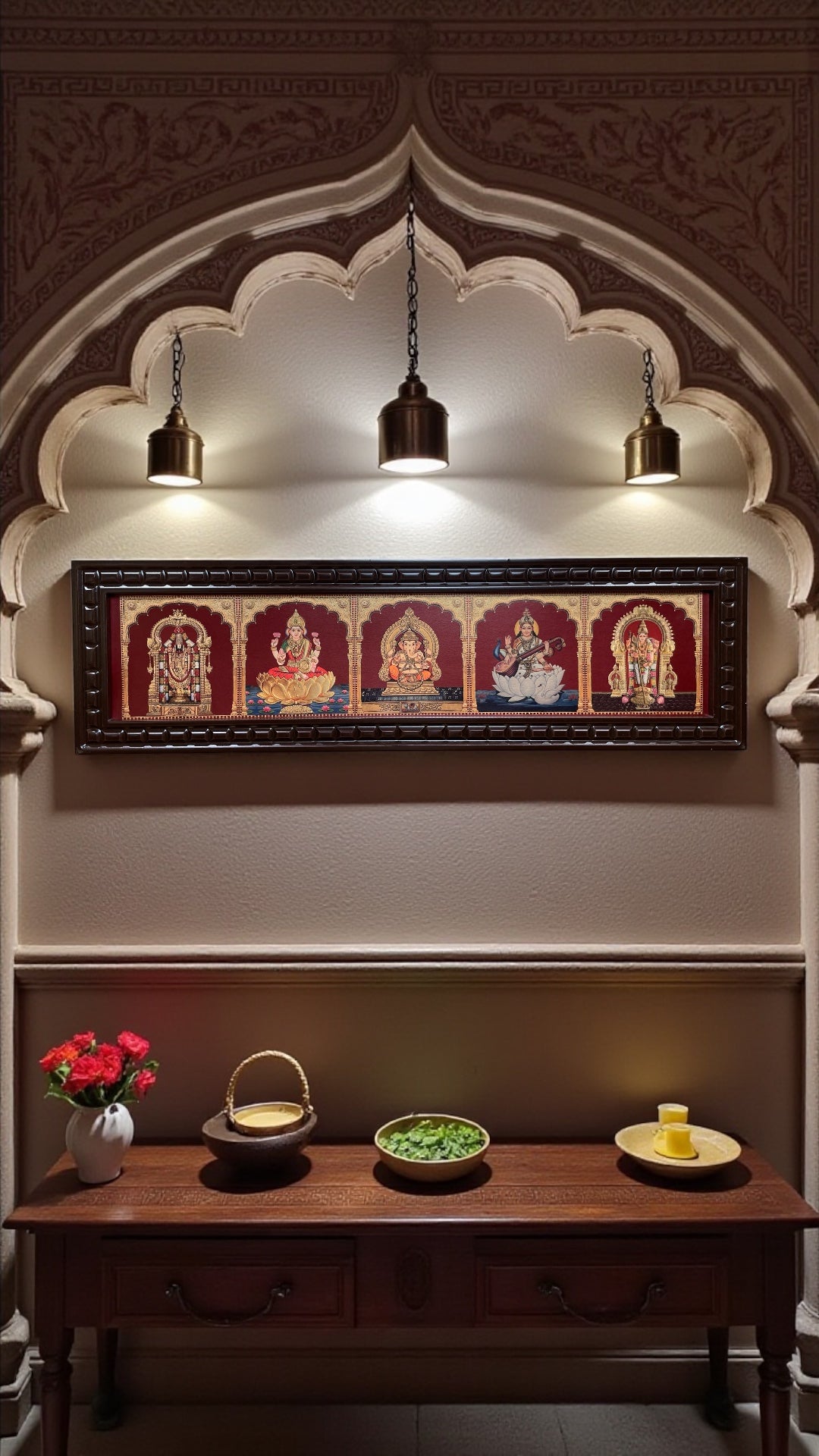 5 Gods In One Frame,Gold Leaf Pooja Room Wall Art Frame