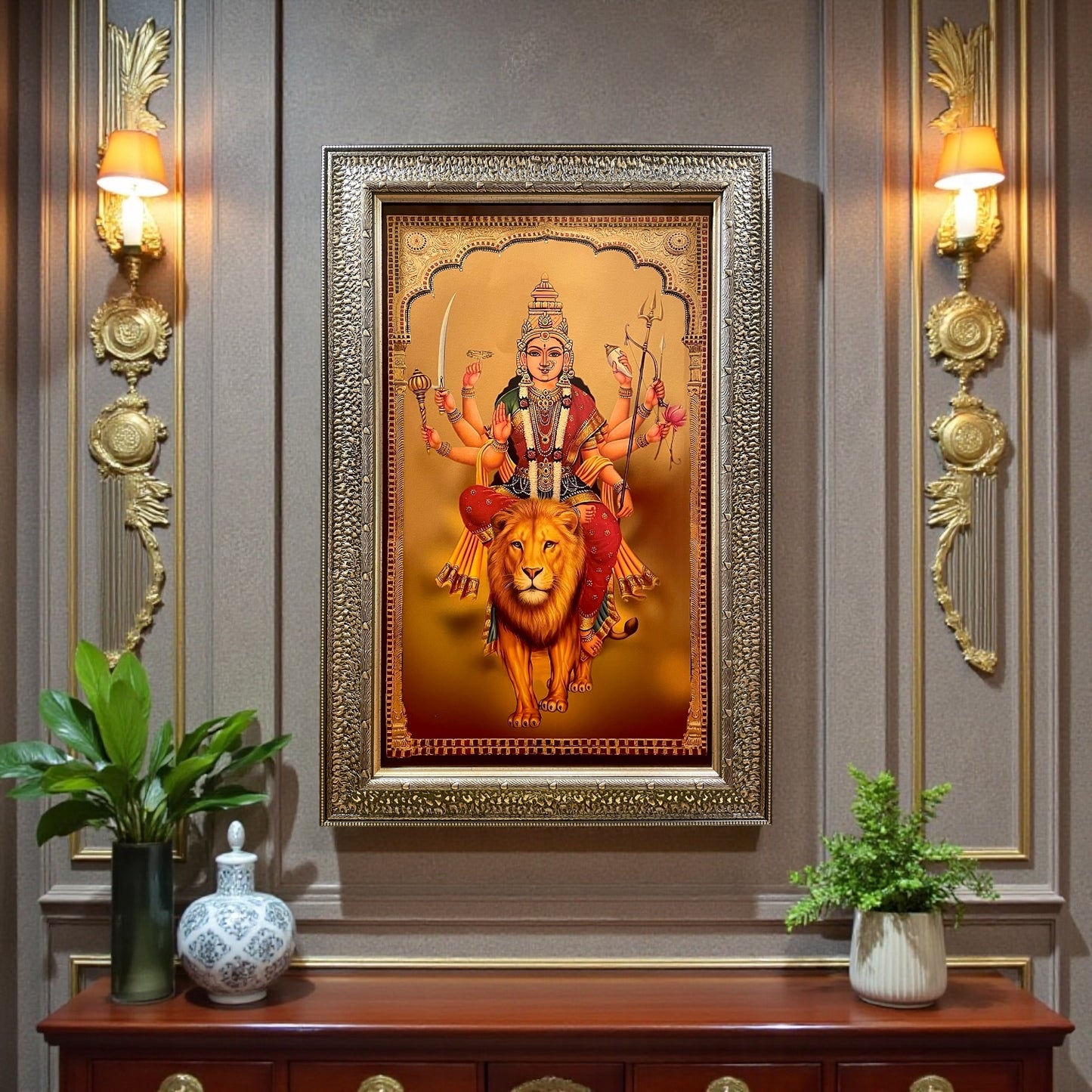 Silver Molded Goddess Durga Wall Art Frame – Contemporary Spiritual Decor for Home, Office & Pooja Room