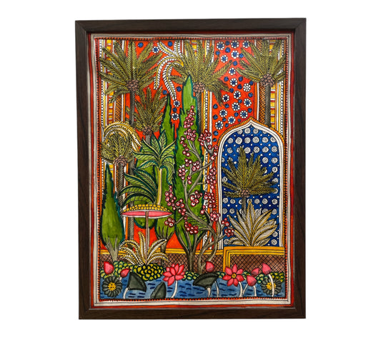 Authentic Handpainted  Lotus pond & tree with Resin Frame