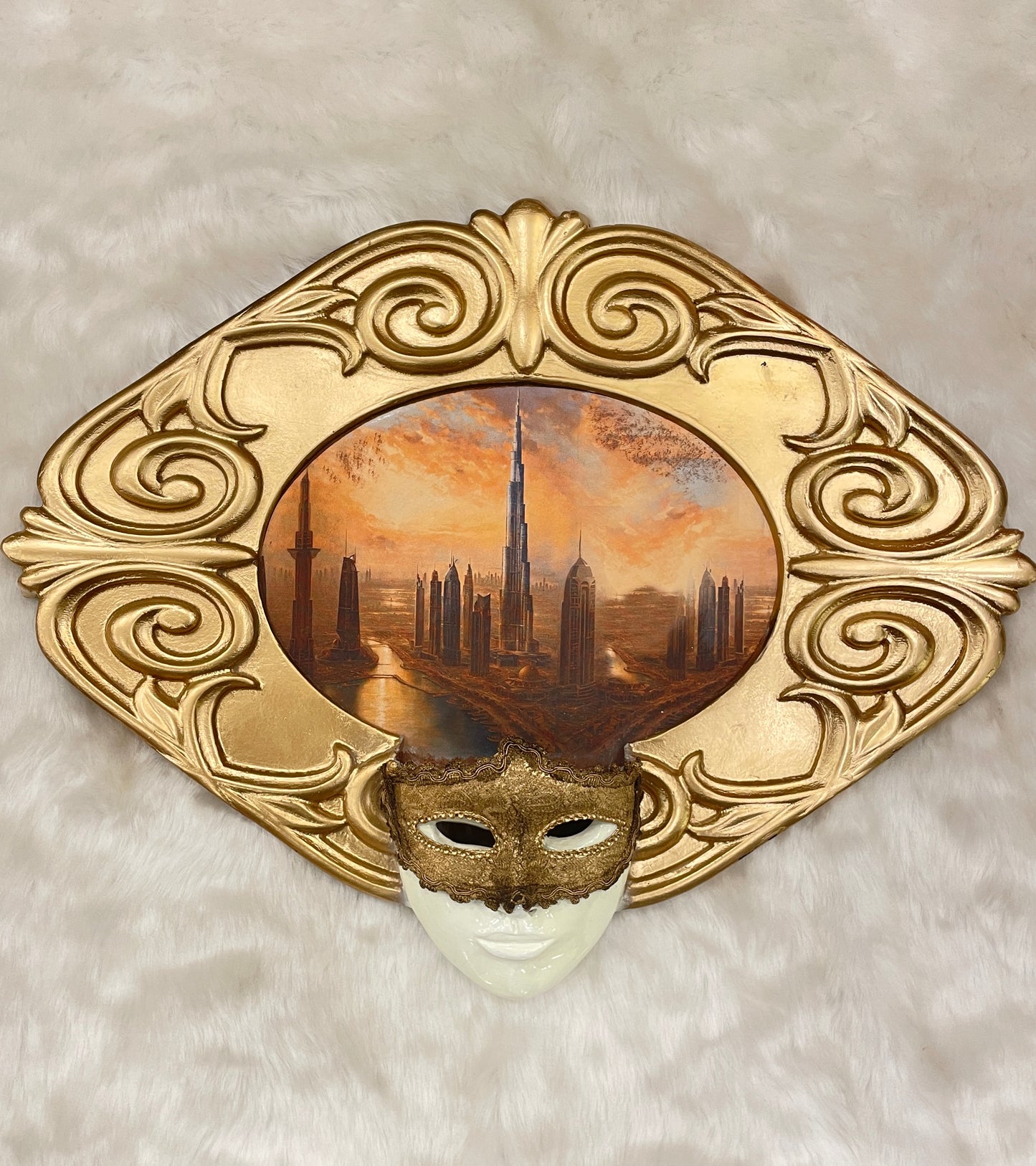 Luxury Horizons: Futuristic Cityscape Art Mask