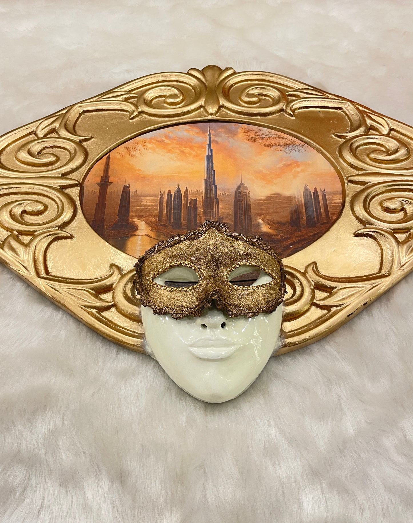 Luxury Horizons: Futuristic Cityscape Art Mask