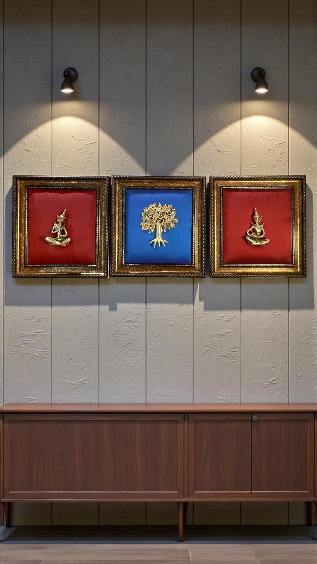 Brass Kalpavriksha Wall Art with Blue Silk & Red Silk Brass Musicians Frame