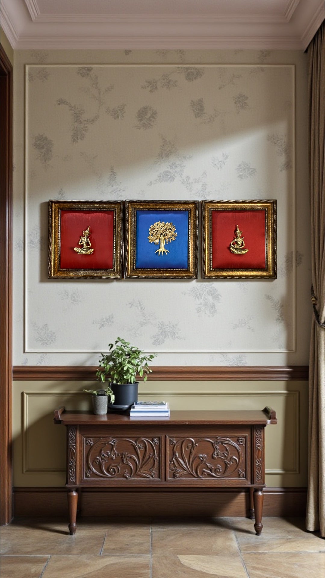 Brass Kalpavriksha Wall Art with Blue Silk & Red Silk Brass Musicians Frame