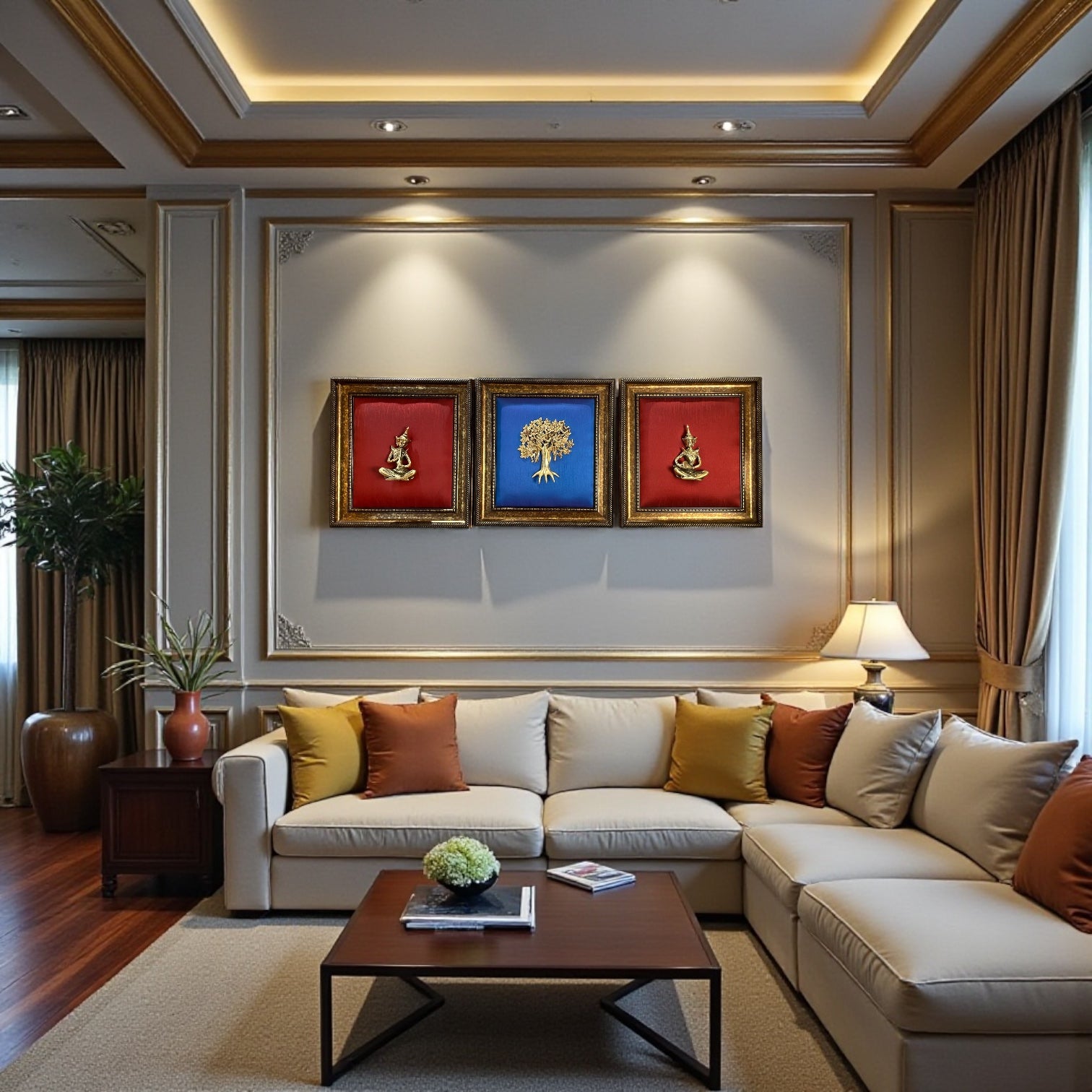 Brass Kalpavriksha Wall Art with Blue Silk & Red Silk Brass Musicians Frame