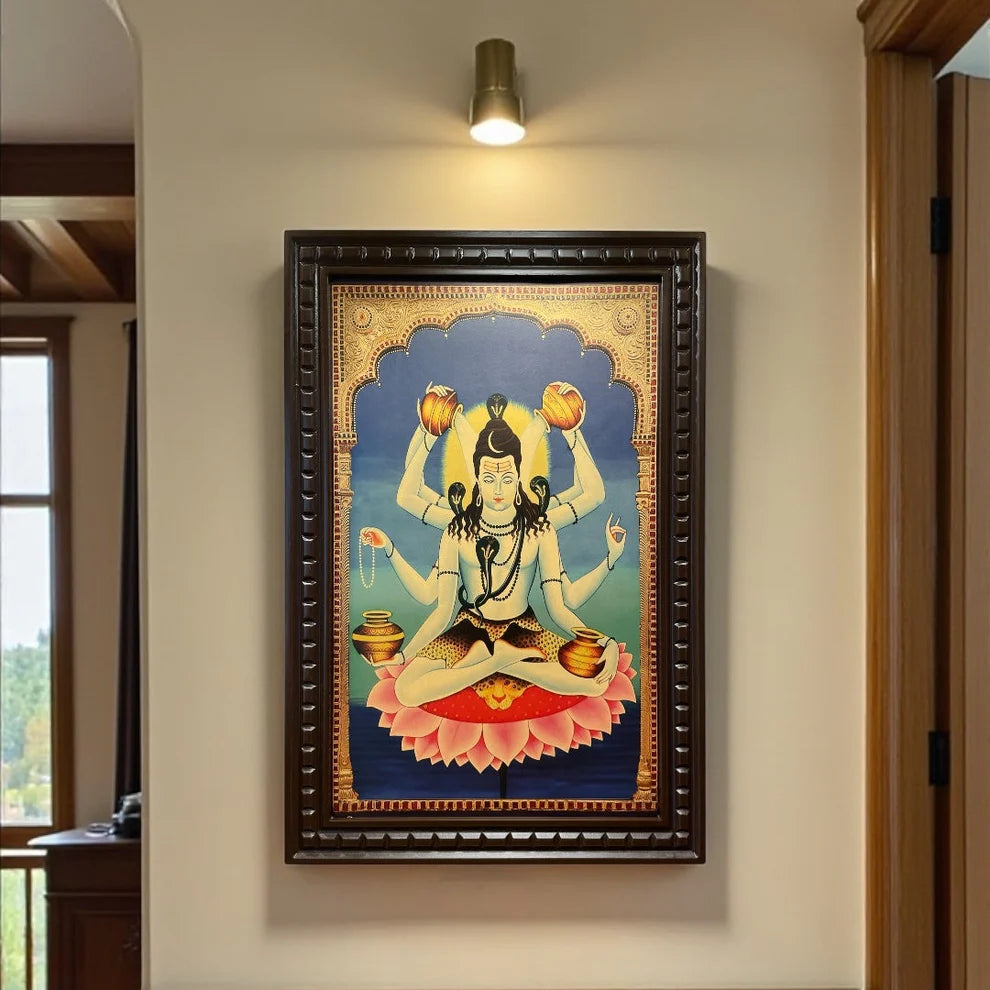 Shiva Mahamrityunjay Gold Leafed Art With Wooden Frame