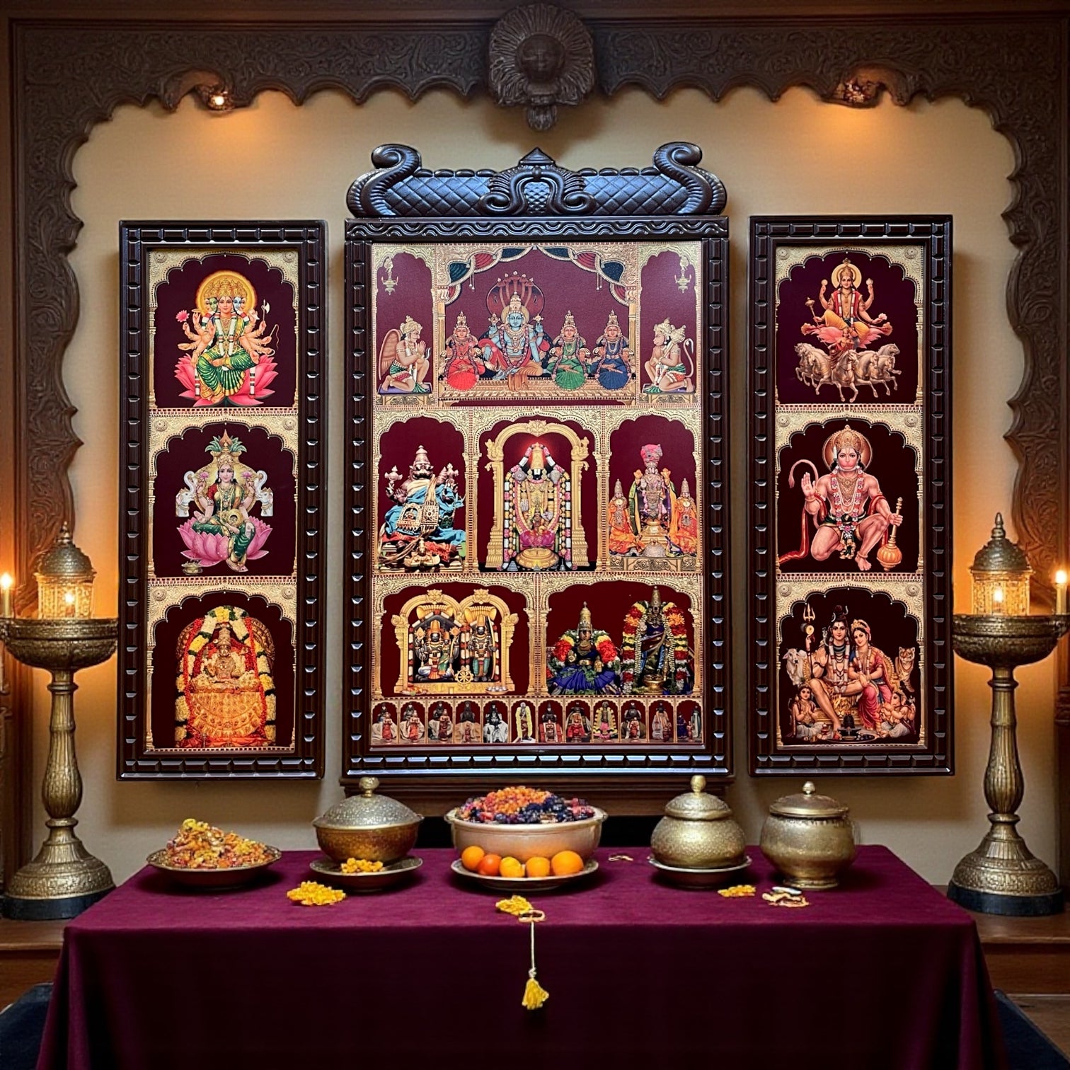 Set of 3 God Frames for Pooja Room | Gold Leaf Hindu God Wall Art