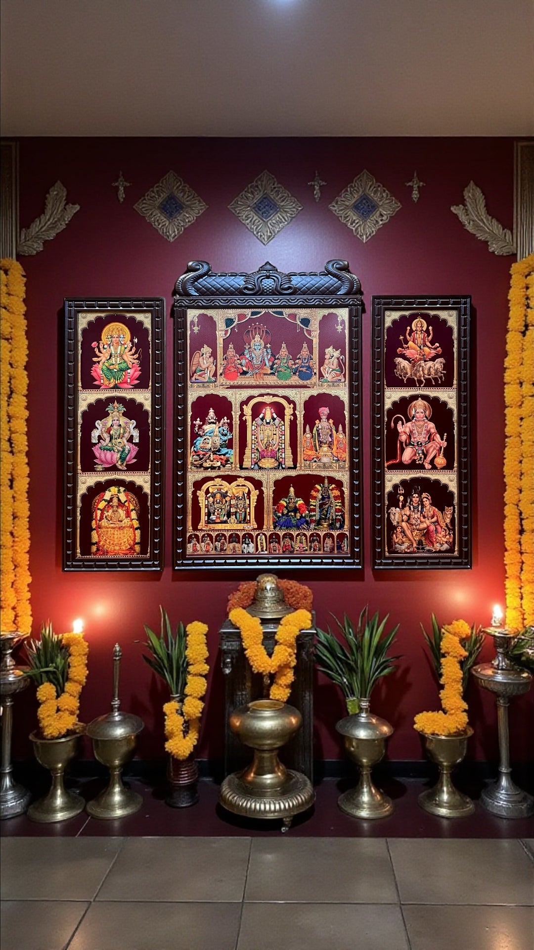 Set of 3 God Frames for Pooja Room | Gold Leaf Hindu God Wall Art