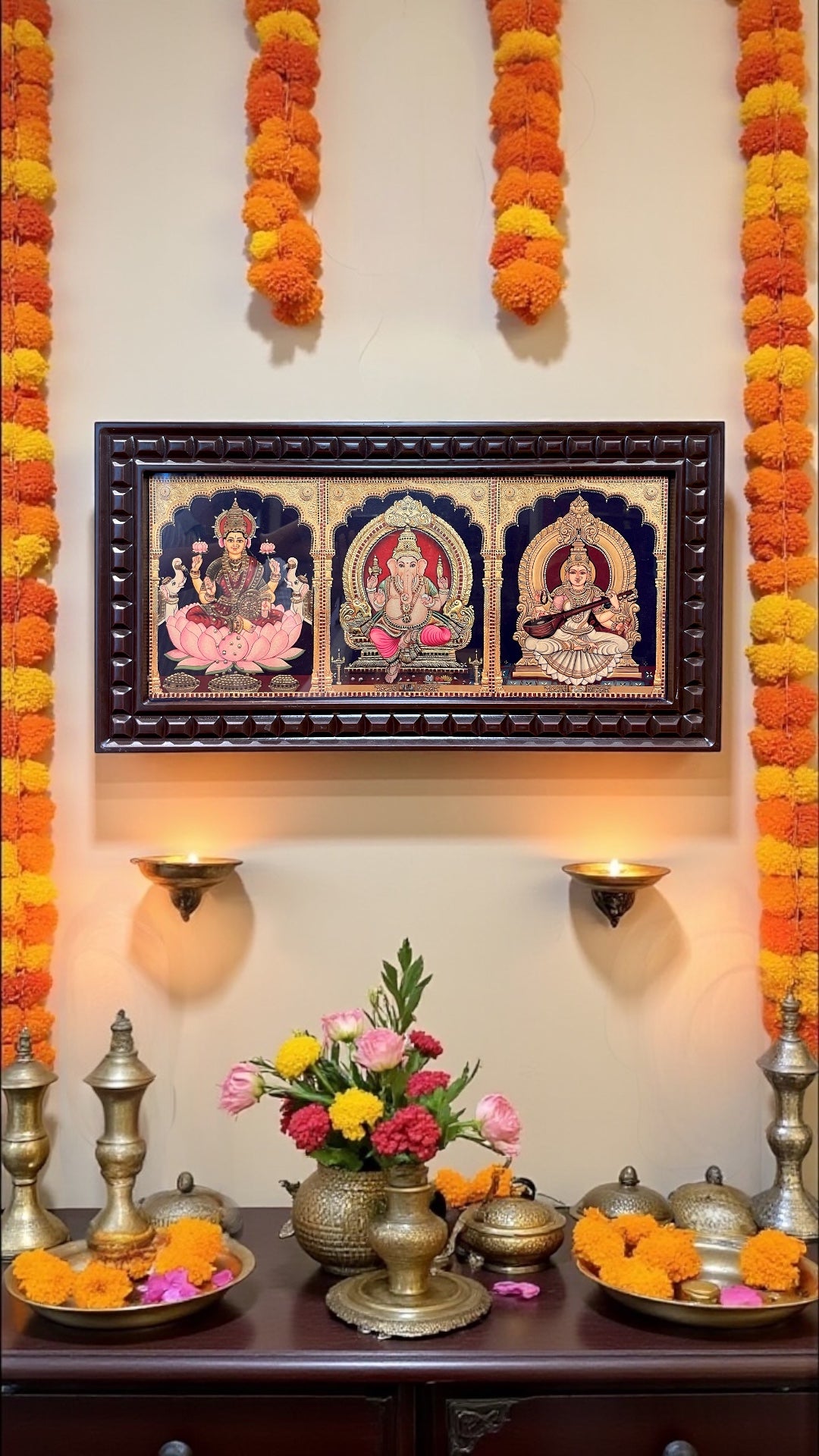 Ganesha Lakshmi Saraswati, 3 in one New Gold foiled art with Engineer Wooden Frame