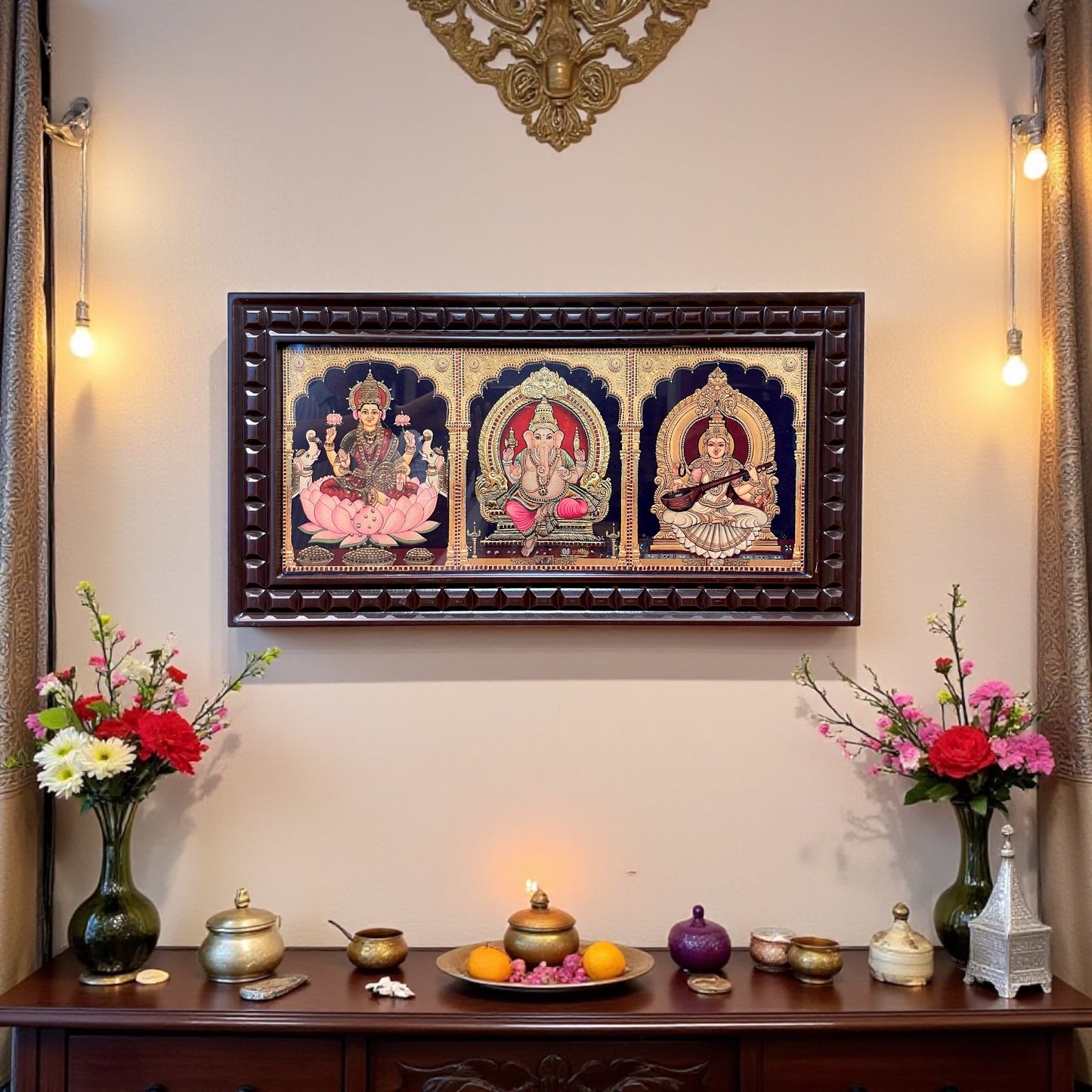 Ganesha Lakshmi Saraswati, New Gold foiled art with Engineer Wooden Frame