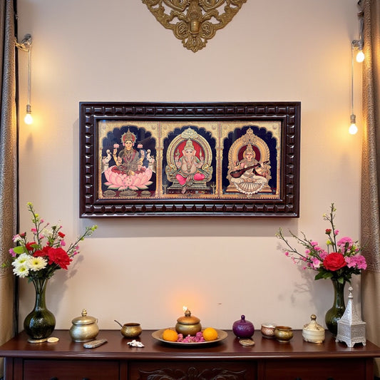 Ganesha Lakshmi Saraswati, New Gold foiled art with Engineer Wooden Frame