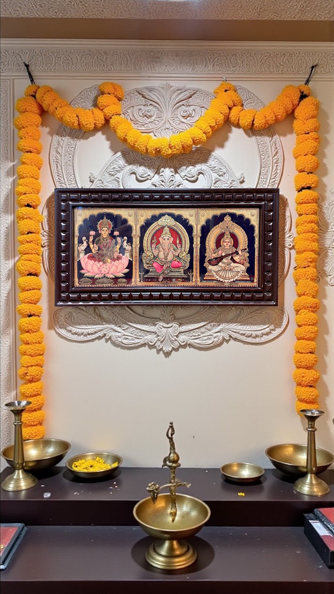 Ganesha Lakshmi Saraswati, New Gold foiled art with Engineer Wooden Frame