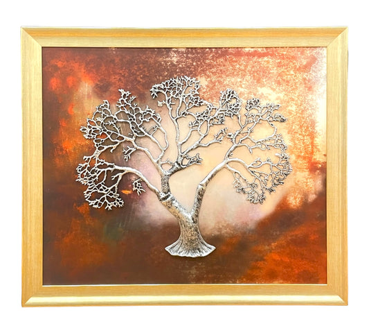 Tree of Life - Kalpavriksha with Abstract Background Antique Silver Frame, Silver Metal Kalpavriksha