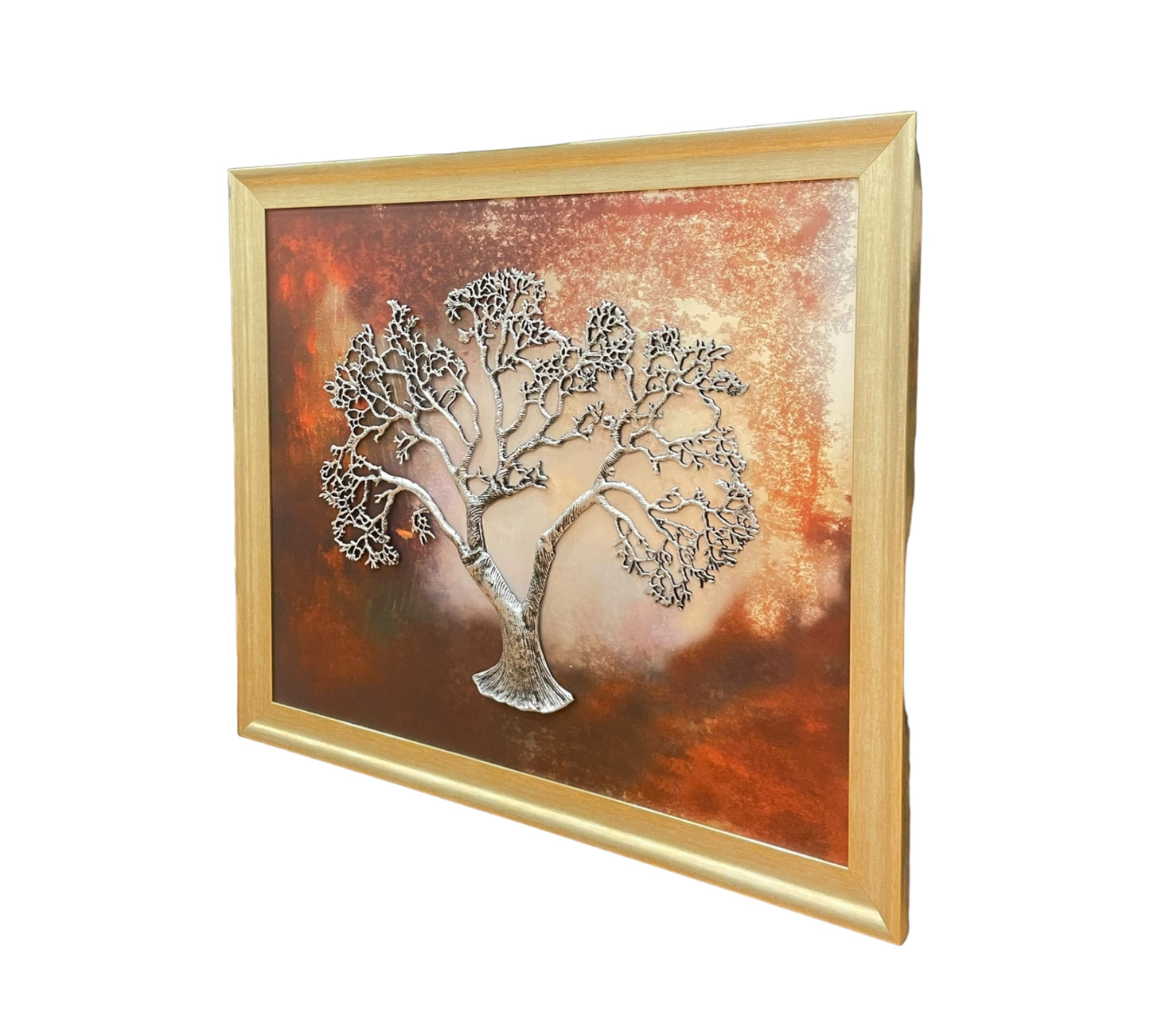 Tree of Life - Kalpavriksha with Abstract Background Antique Silver Frame, Silver Metal Kalpavriksha