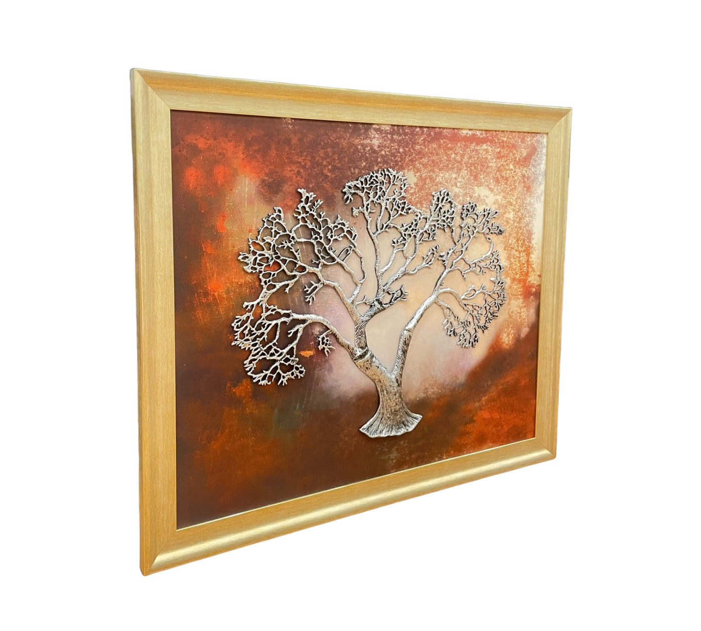 Tree of Life - Kalpavriksha with Abstract Background Antique Silver Frame, Silver Metal Kalpavriksha