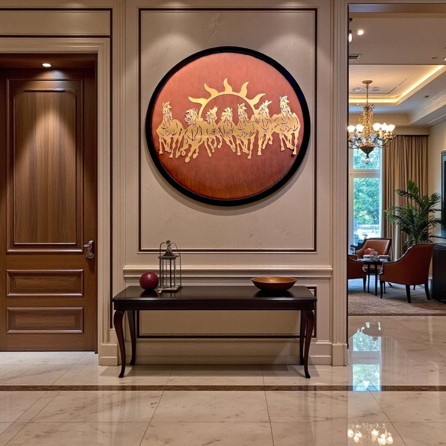 Titanium Metal 7 Running Horses Wall Art – 30 Inch Round Frame with Orange Silk Backdrop