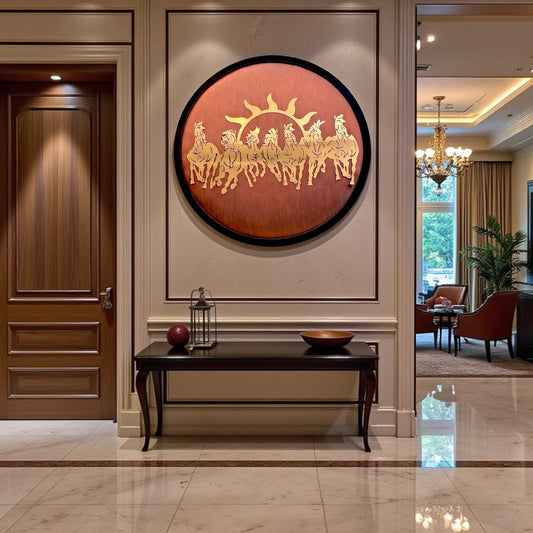 Titanium Metal 7 Running Horses Wall Art – 30 Inch Round Frame with Orange Silk Backdrop