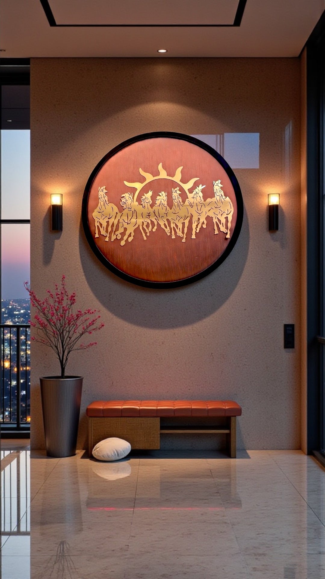 Titanium Metal 7 Running Horses Wall Art – 30 Inch Round Frame with Orange Silk Backdrop
