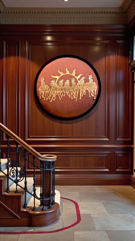 Titanium Metal 7 Running Horses Wall Art – 30 Inch Round Frame with Orange Silk Backdrop