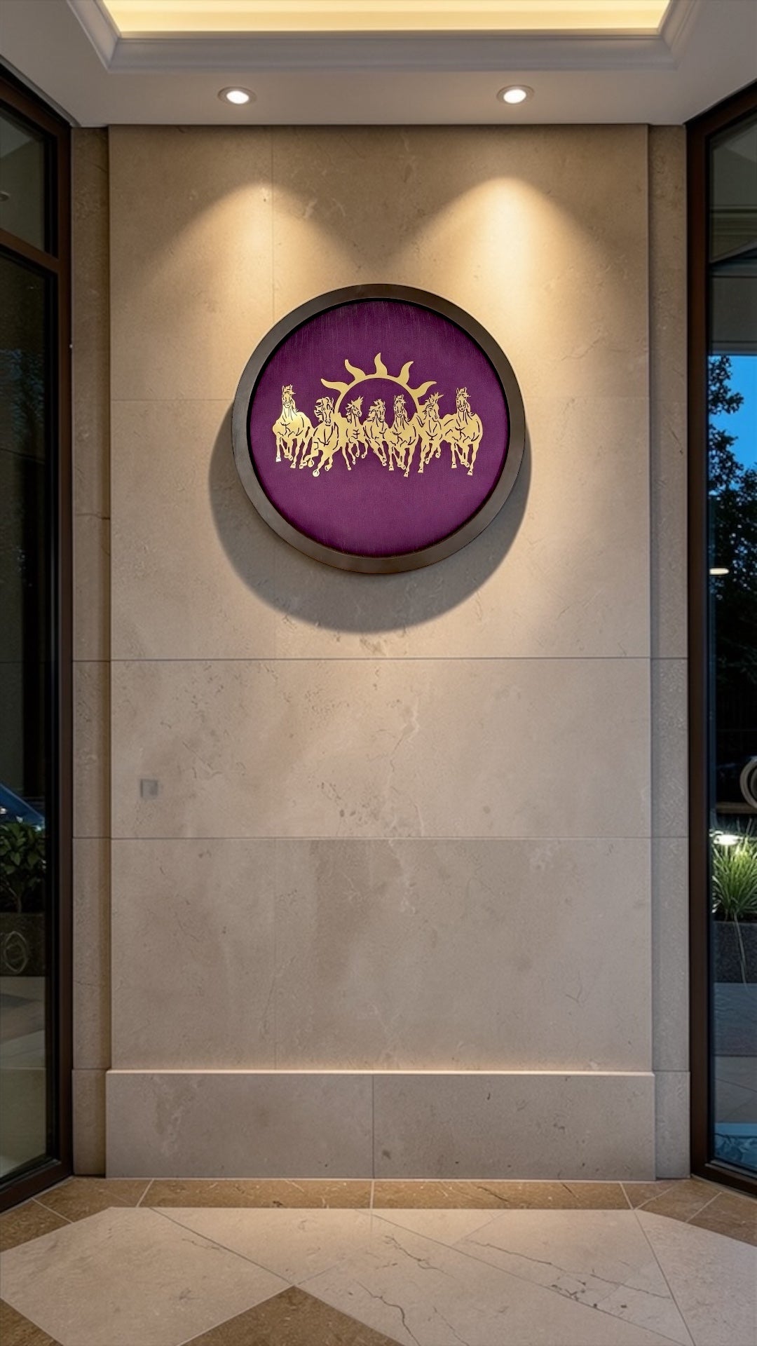 7 Running Horses Gold Steel Metal Wall Art with Purple Silk Backdrop.
