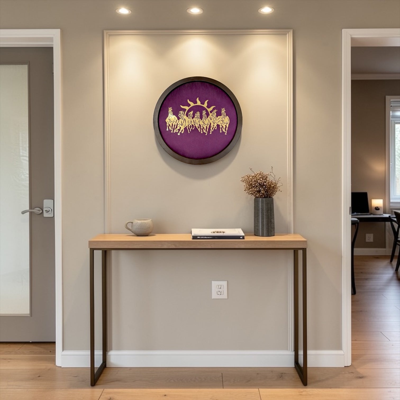 7 Running Horses Gold Steel Metal Wall Art with Purple Silk Backdrop.