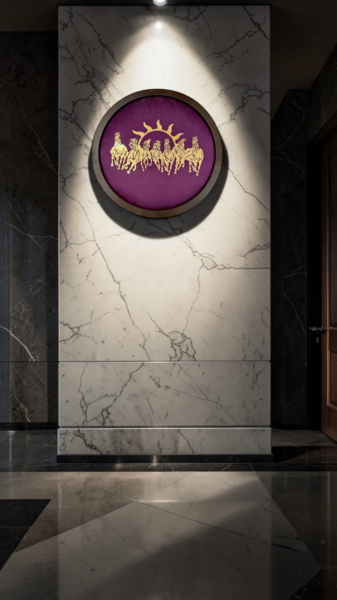 7 Running Horses Gold Steel Metal Wall Art with Purple Silk Backdrop.