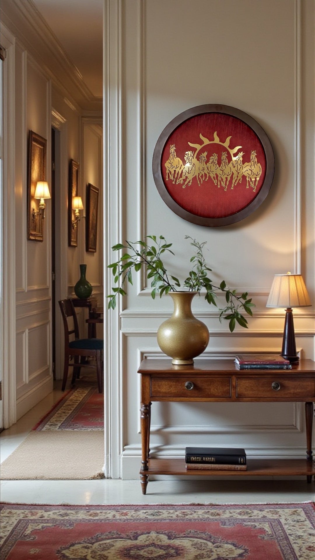 Titanium Metal 7 Running Horses Wall Art – 15 Inch Round Frame with Red Silk Backdrop | Luxury Living Room & Office Decor