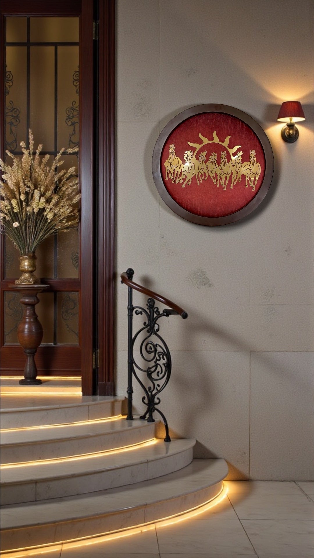 Titanium Metal 7 Running Horses Wall Art – 15 Inch Round Frame with Red Silk Backdrop | Luxury Living Room & Office Decor