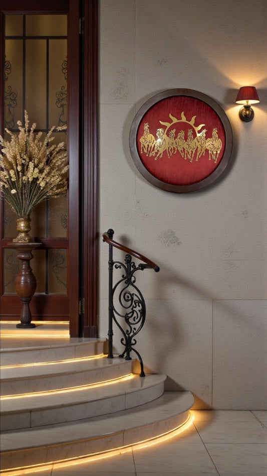 Titanium Metal 7 Running Horses Wall Art – 15 Inch Round Frame with Red Silk Backdrop | Luxury Living Room & Office Decor