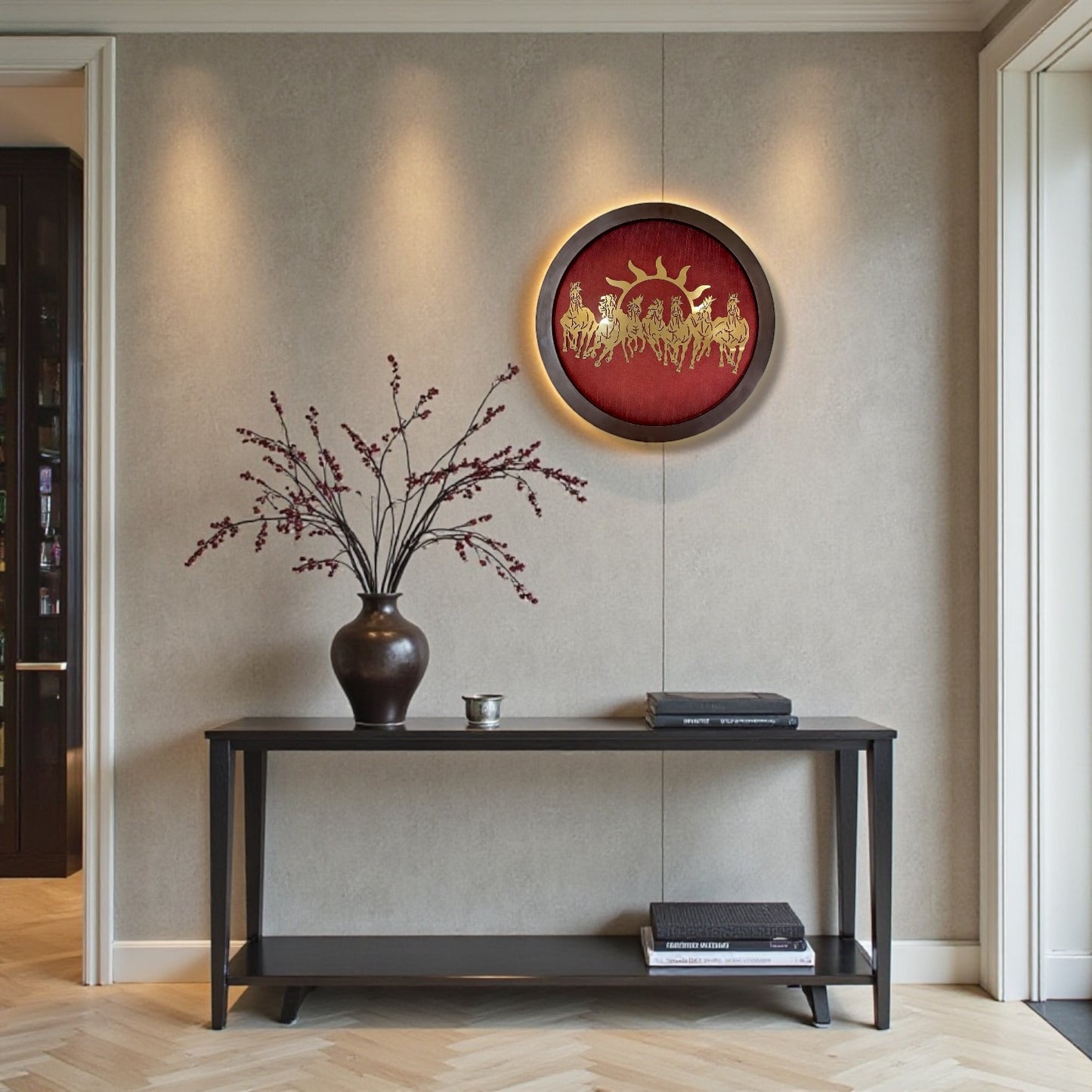 Titanium Metal 7 Running Horses Wall Art – 15 Inch Round Frame with Red Silk Backdrop | Luxury Living Room & Office Decor