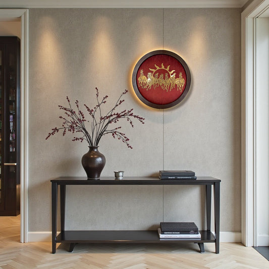 Titanium Metal 7 Running Horses Wall Art – 15 Inch Round Frame with Red Silk Backdrop | Luxury Living Room & Office Decor