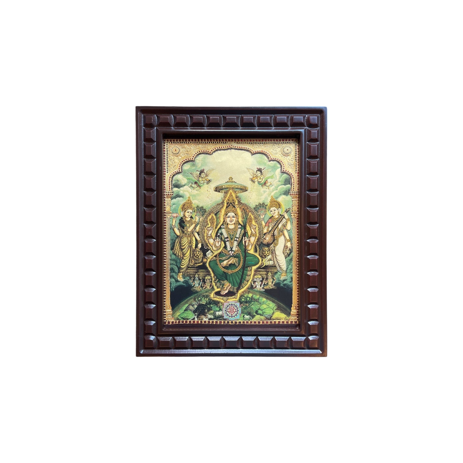Tripura Sundari Green Saree Gold Foiled Art With Wooden Frame