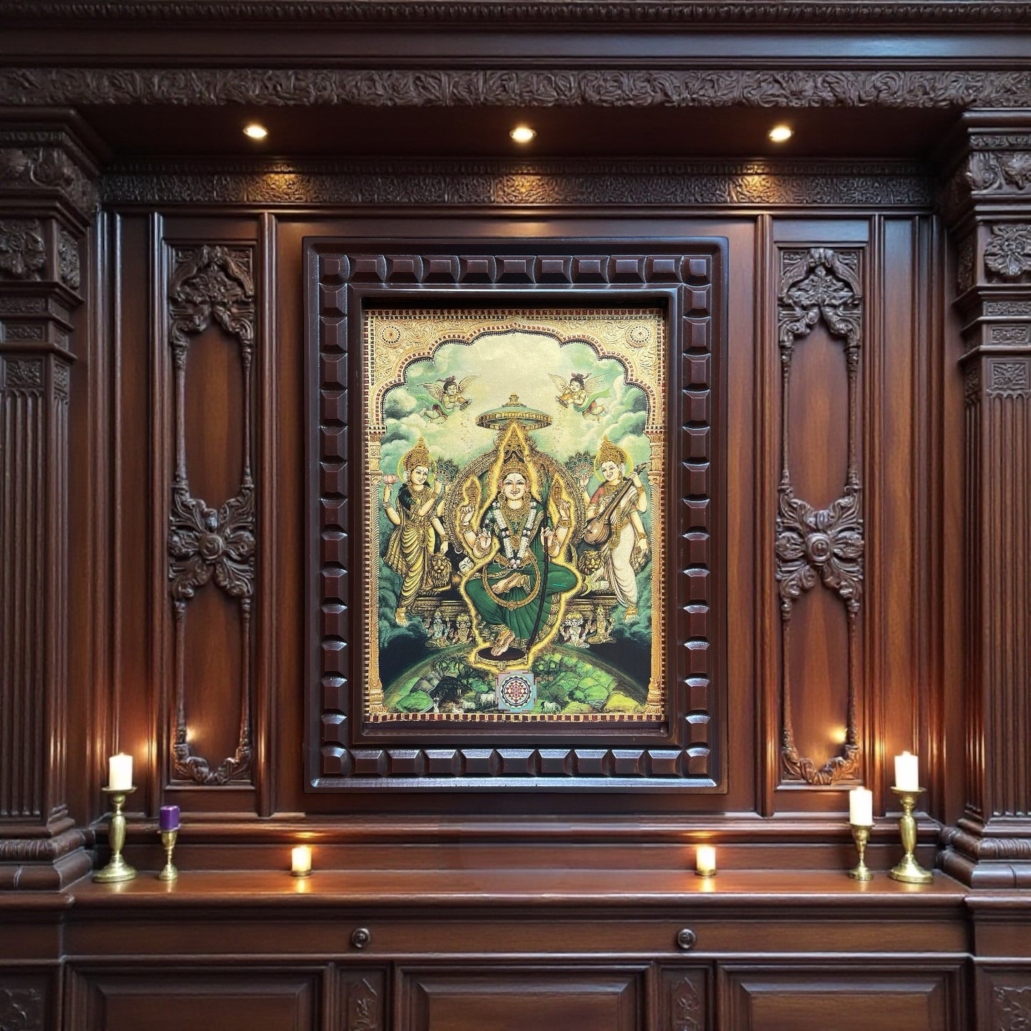 Tripura Sundari Green Saree Gold Foiled Art With Wooden Frame