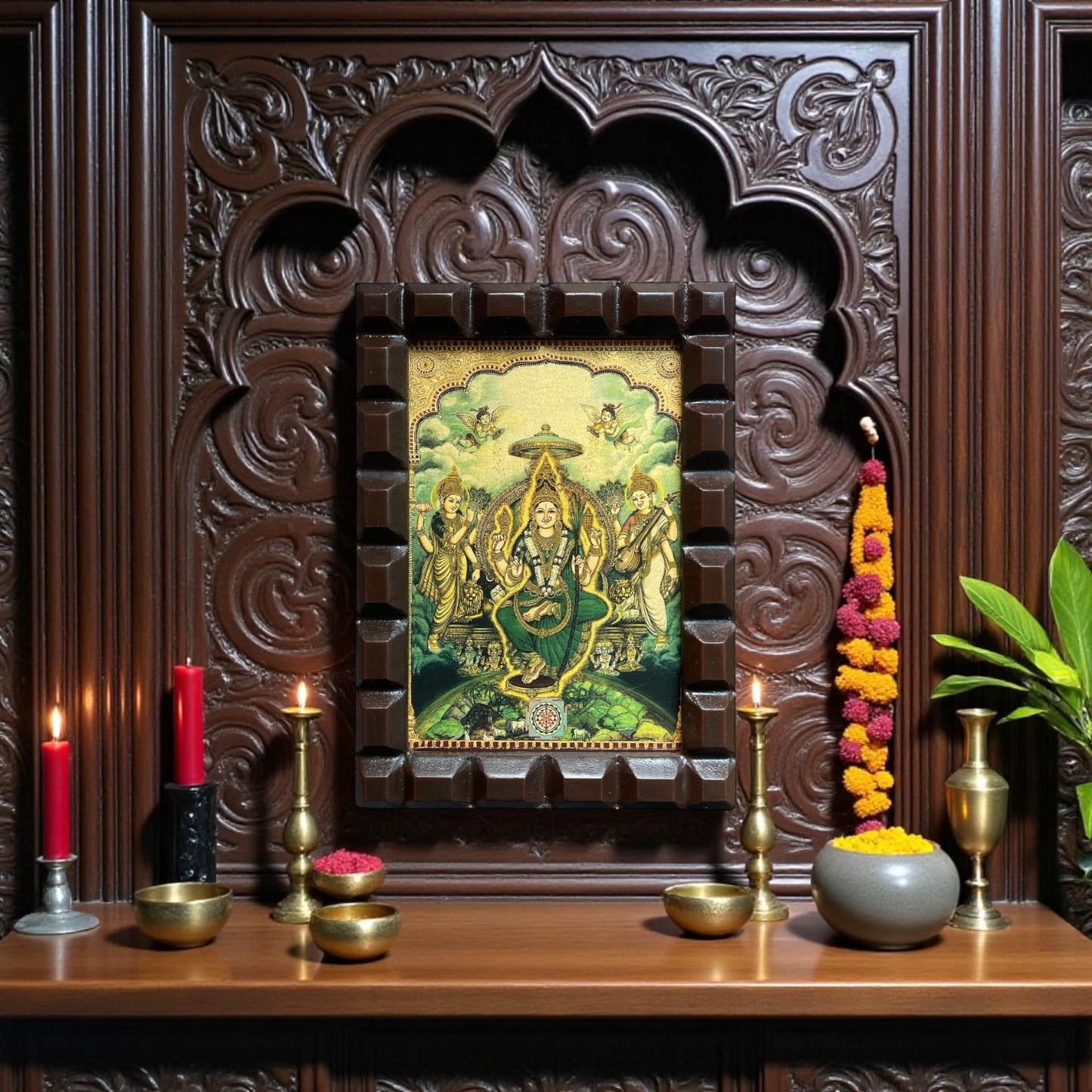 Tripura Sundari Green Saree Gold Foiled Art With Wooden Frame