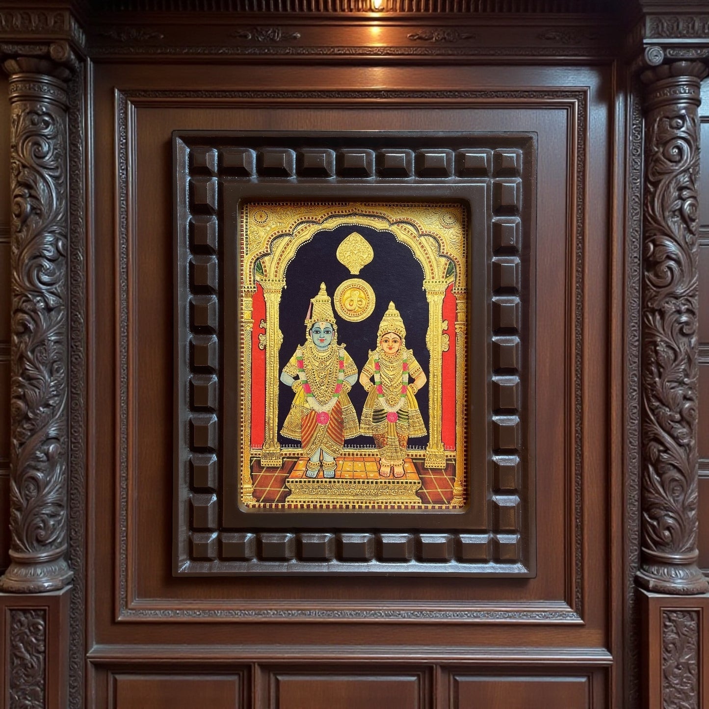Lord Vitthal and Goddess Rukmini Gold Foiled Art With Wooden Frame