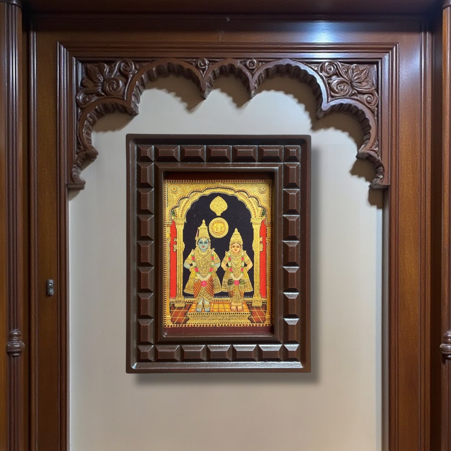 Lord Vitthal and Goddess Rukmini Gold Foiled Art With Wooden Frame