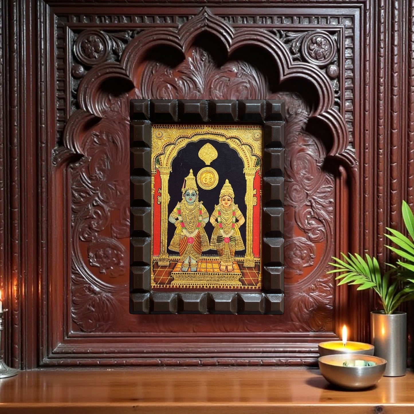 Lord Vitthal and Goddess Rukmini Gold Foiled Art With Wooden Frame