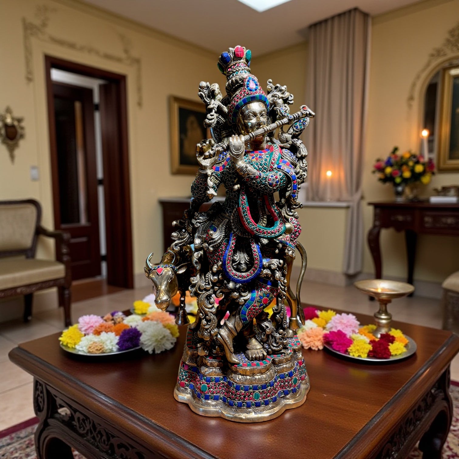 Brass Krishna with Kamadhenu Statue | Handcrafted Stone Work Divine Idol for Home Décor & Gifting
