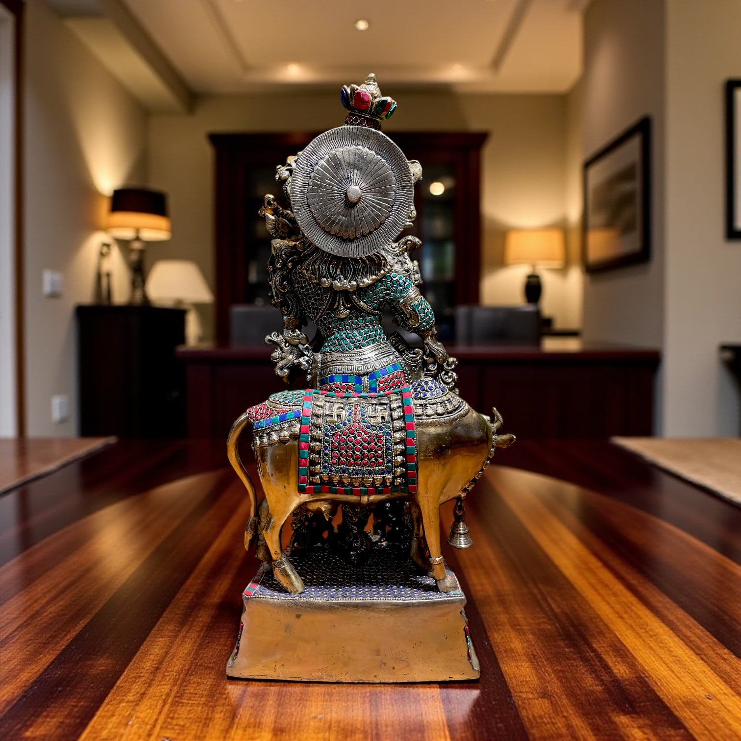Brass Krishna with Kamadhenu Statue | Handcrafted Stone Work Divine Idol for Home Décor & Gifting