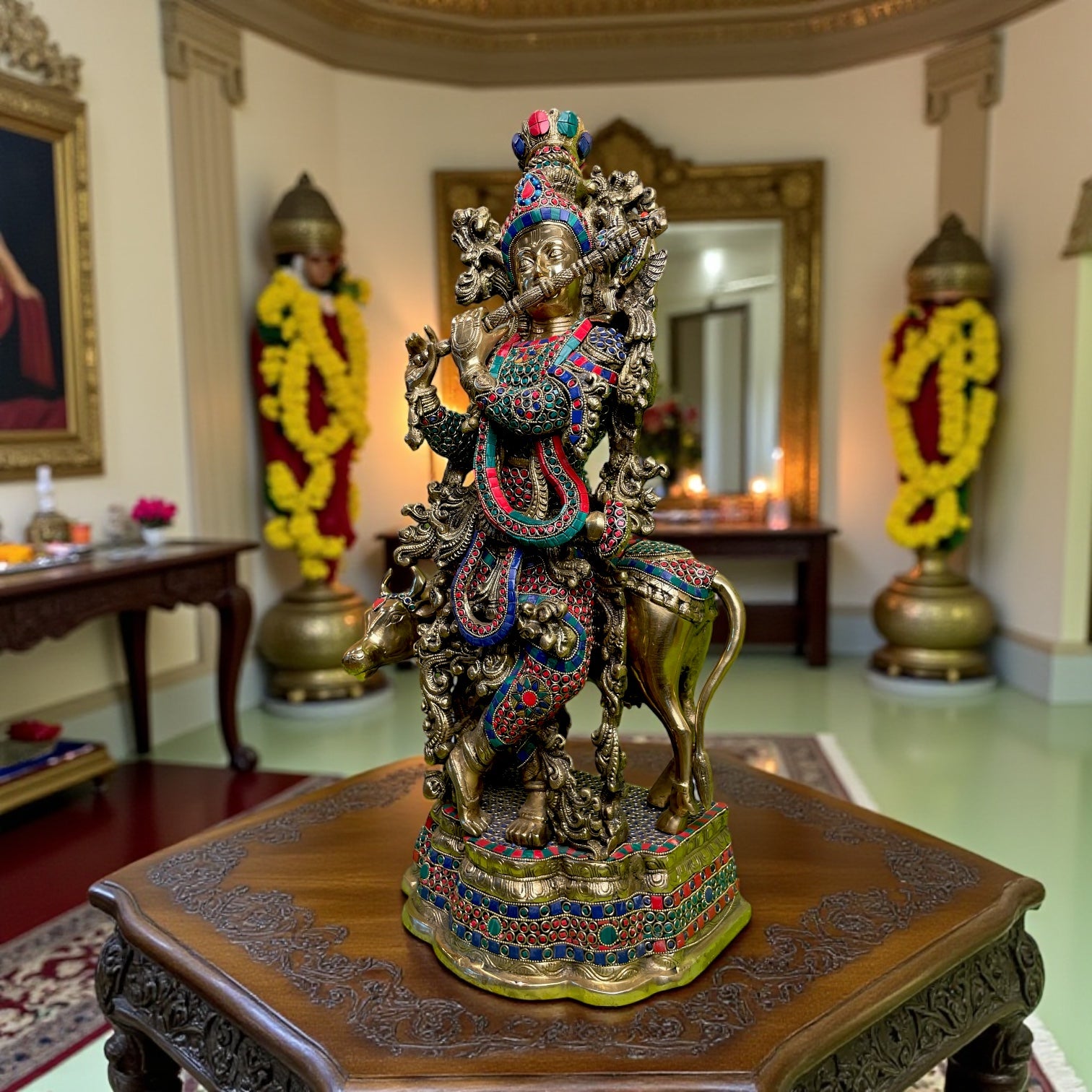 Brass Krishna with Kamadhenu Statue | Handcrafted Stone Work Divine Idol for Home Décor & Gifting
