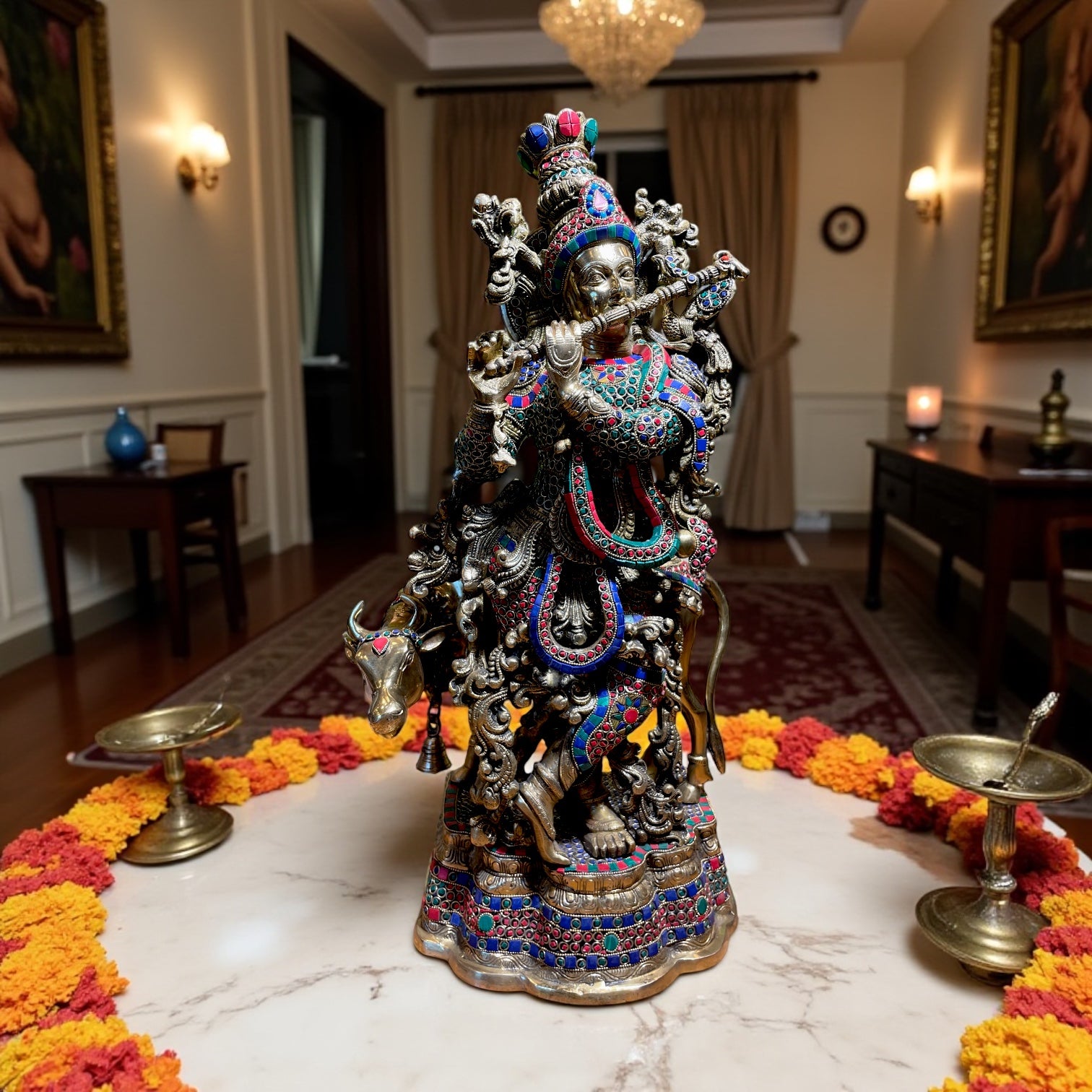 Brass Krishna with Kamadhenu Statue | Handcrafted Stone Work Divine Idol for Home Décor & Gifting