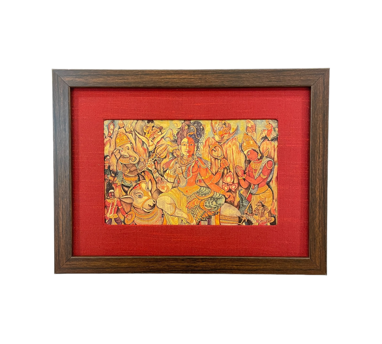 Harmony Within: The Ardhanarishvara Revelation in Red Silk with Brown Frame