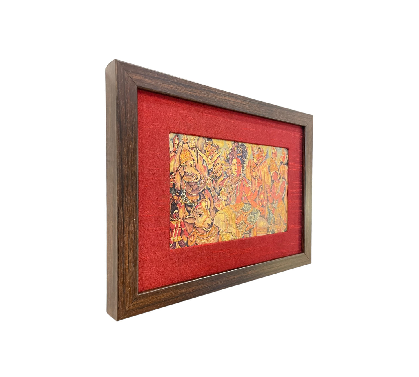 Harmony Within: The Ardhanarishvara Revelation in Red Silk with Brown Frame