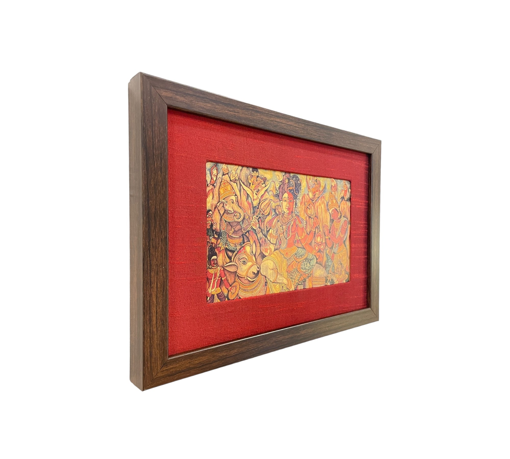 Harmony Within: The Ardhanarishvara Revelation in Red Silk with Brown Frame