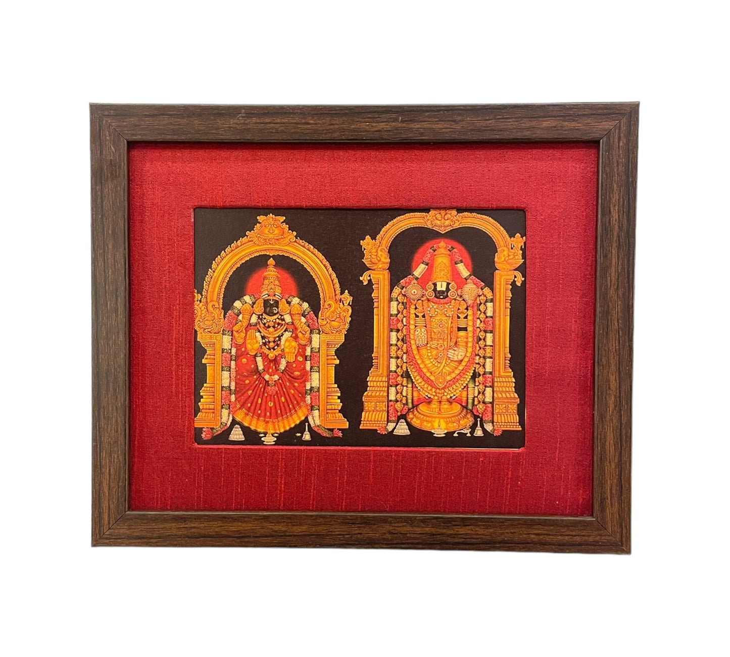 Divine Depiction of God Venkateswara and Goddess Padmavathi in Red Silk Ensemble With Brown Frame