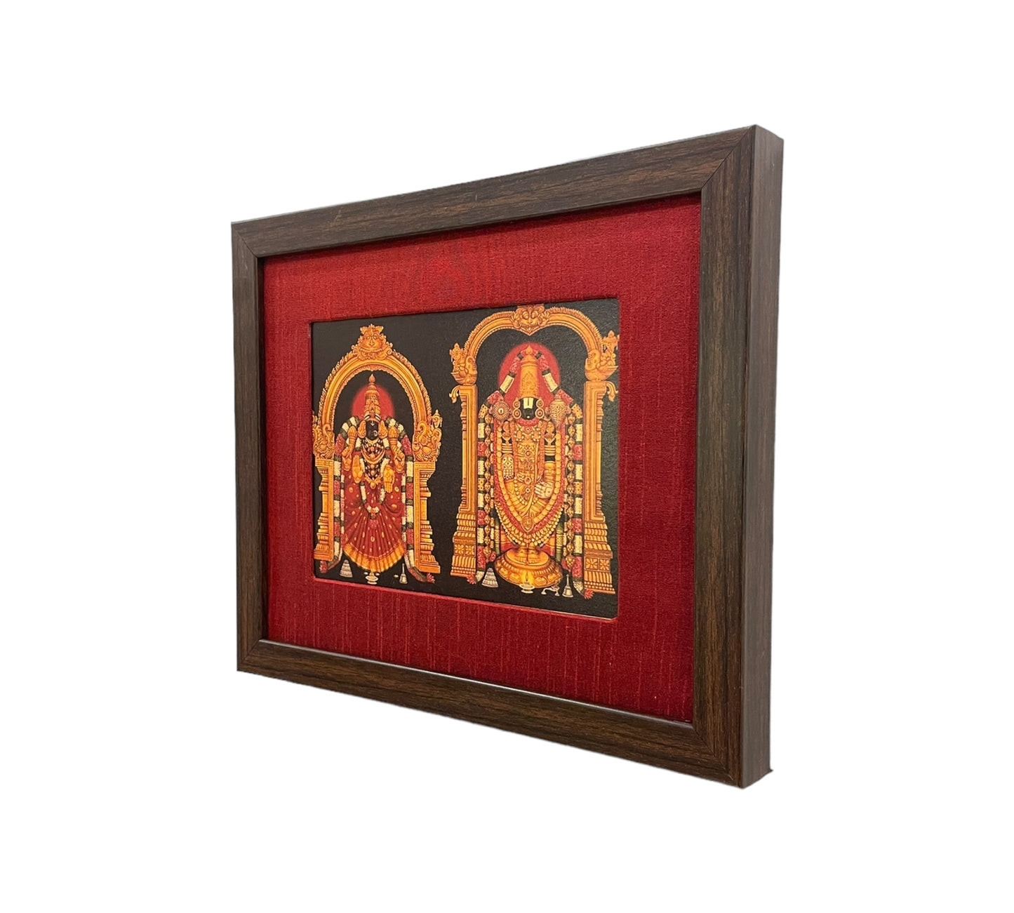 Divine Depiction of God Venkateswara and Goddess Padmavathi in Red Silk Ensemble With Brown Frame