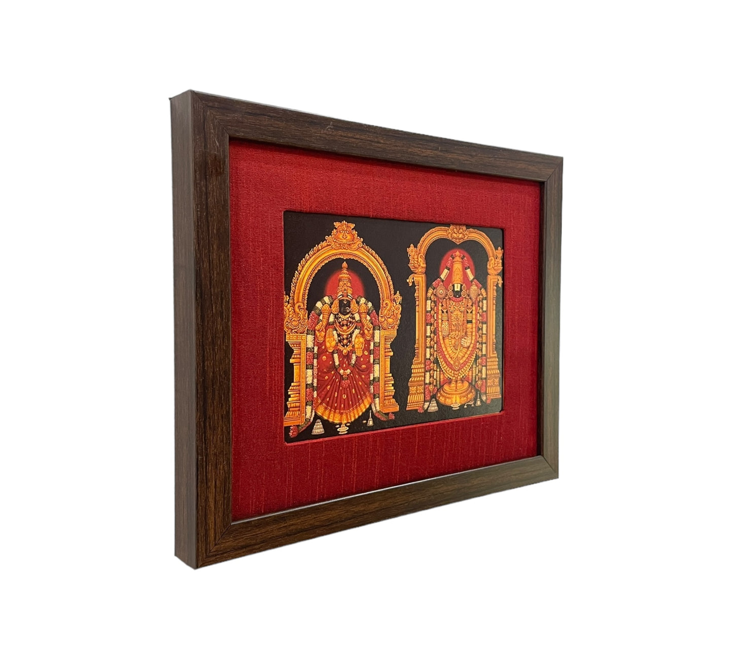 Divine Depiction of God Venkateswara and Goddess Padmavathi in Red Silk Ensemble With Brown Frame